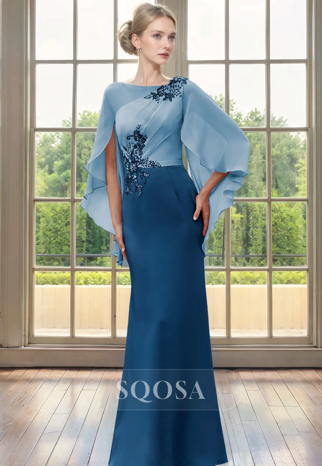 Mother of the Bride Dress with Batwing Sleeves and Appliques