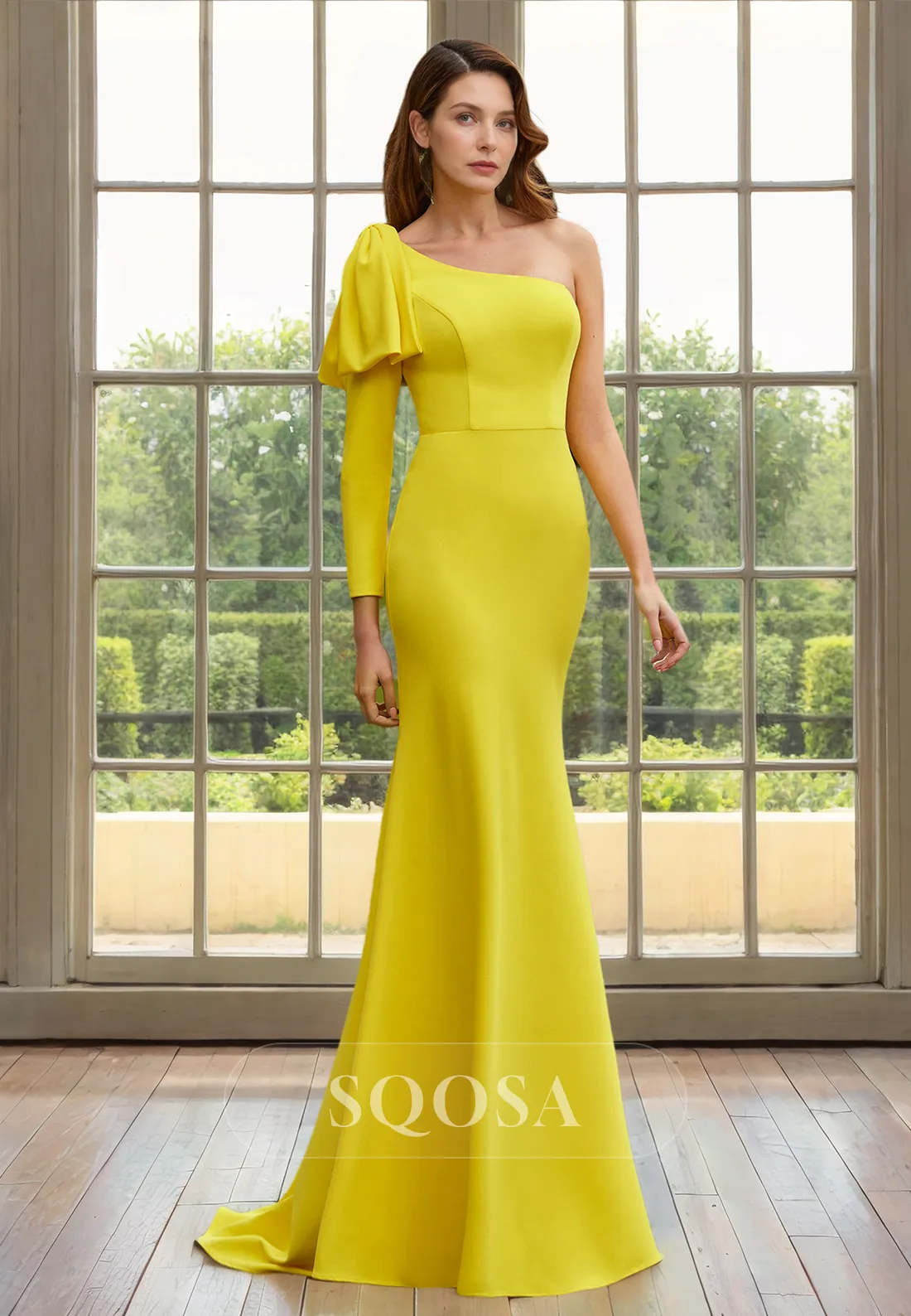 mother of the bride dress with one shoulder, long sleeves and sheath silhouette