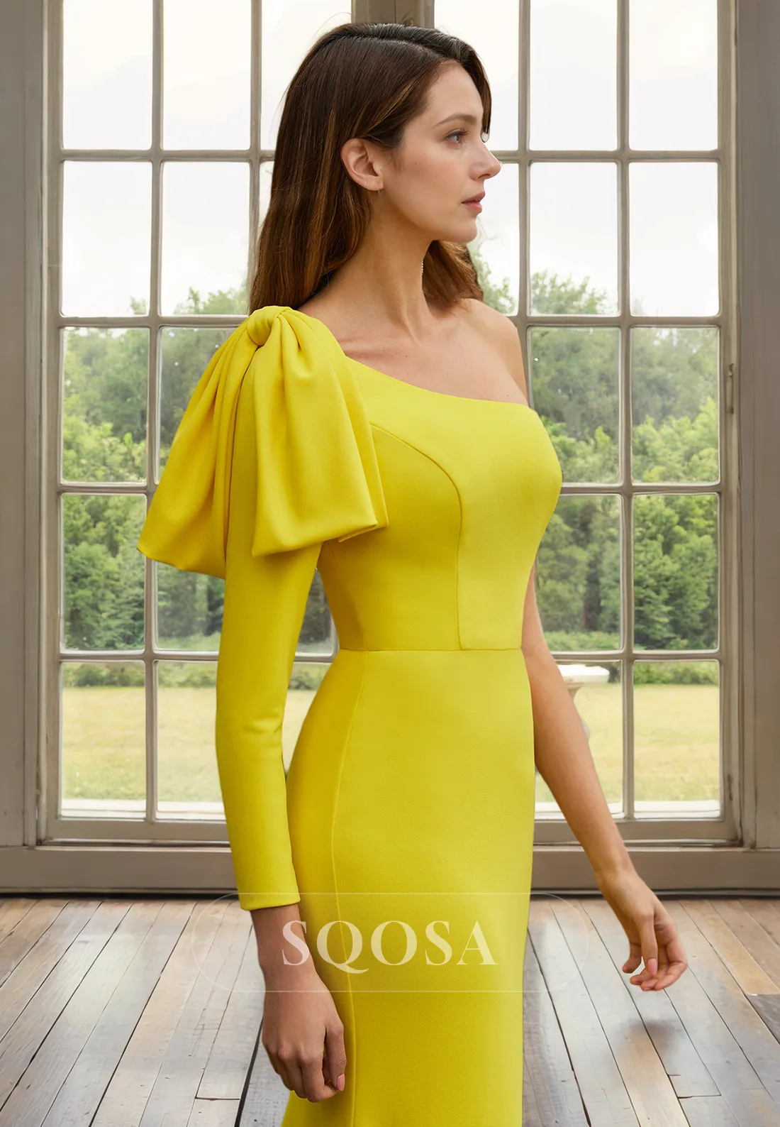 mother of the bride dress with one shoulder, long sleeves and sheath silhouette