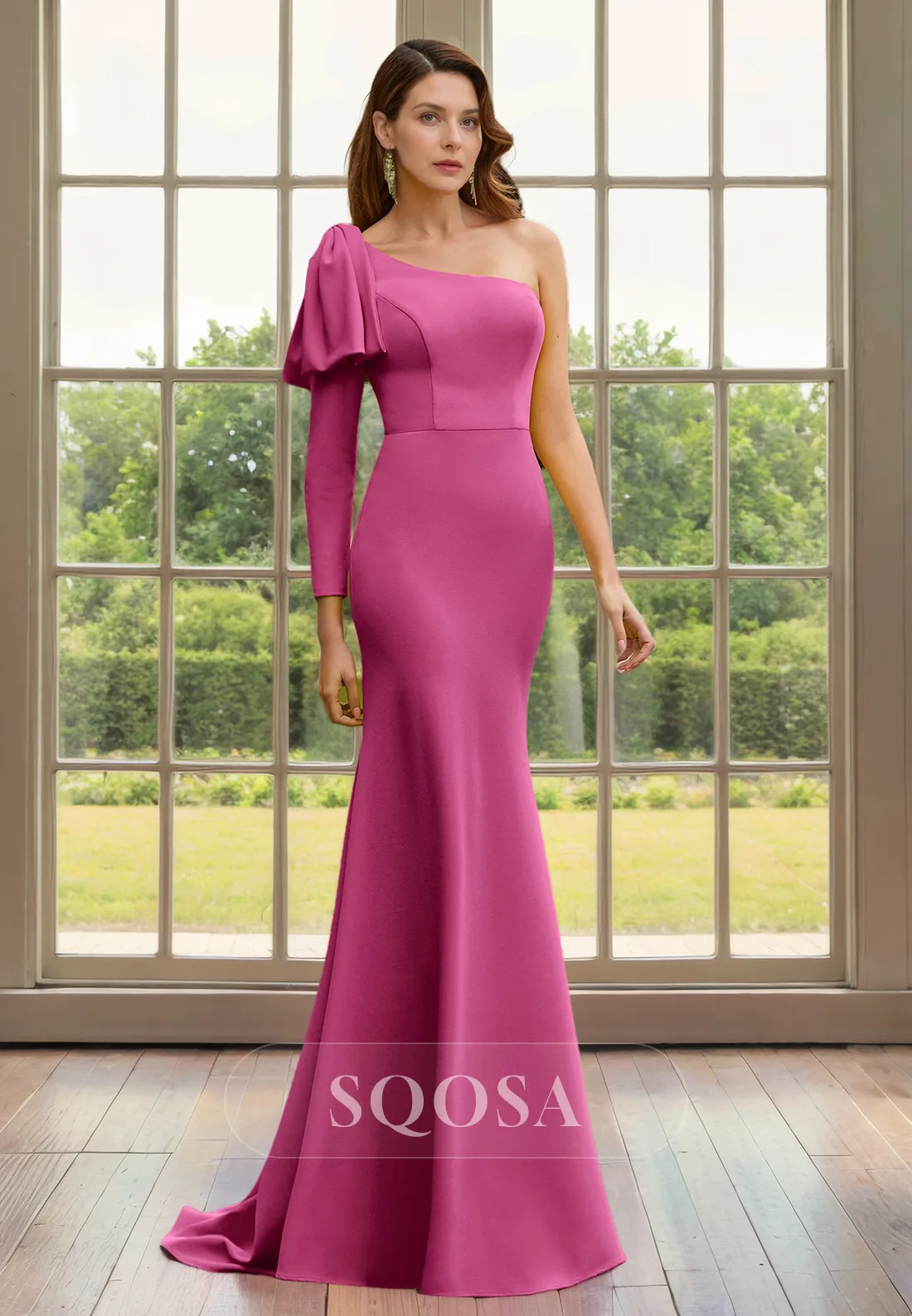 mother of the bride dress with one shoulder, long sleeves and sheath silhouette