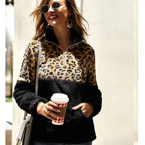 New Long-sleeved Sweater Leopard Pattern Stitching Top