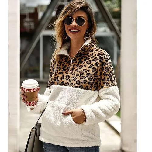 New Long-sleeved Sweater Leopard Pattern Stitching Top