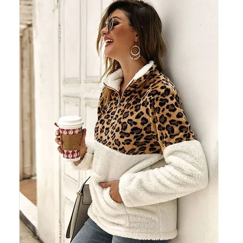 New Long-sleeved Sweater Leopard Pattern Stitching Top