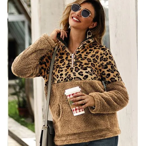 New Long-sleeved Sweater Leopard Pattern Stitching Top