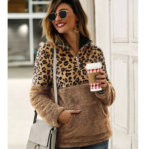 New Long-sleeved Sweater Leopard Pattern Stitching Top