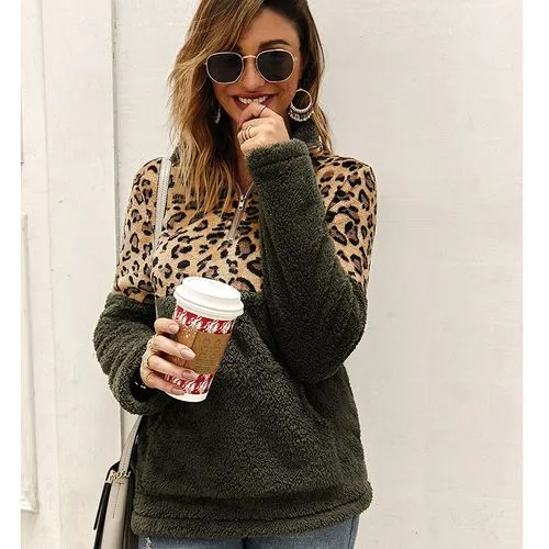 New Long-sleeved Sweater Leopard Pattern Stitching Top