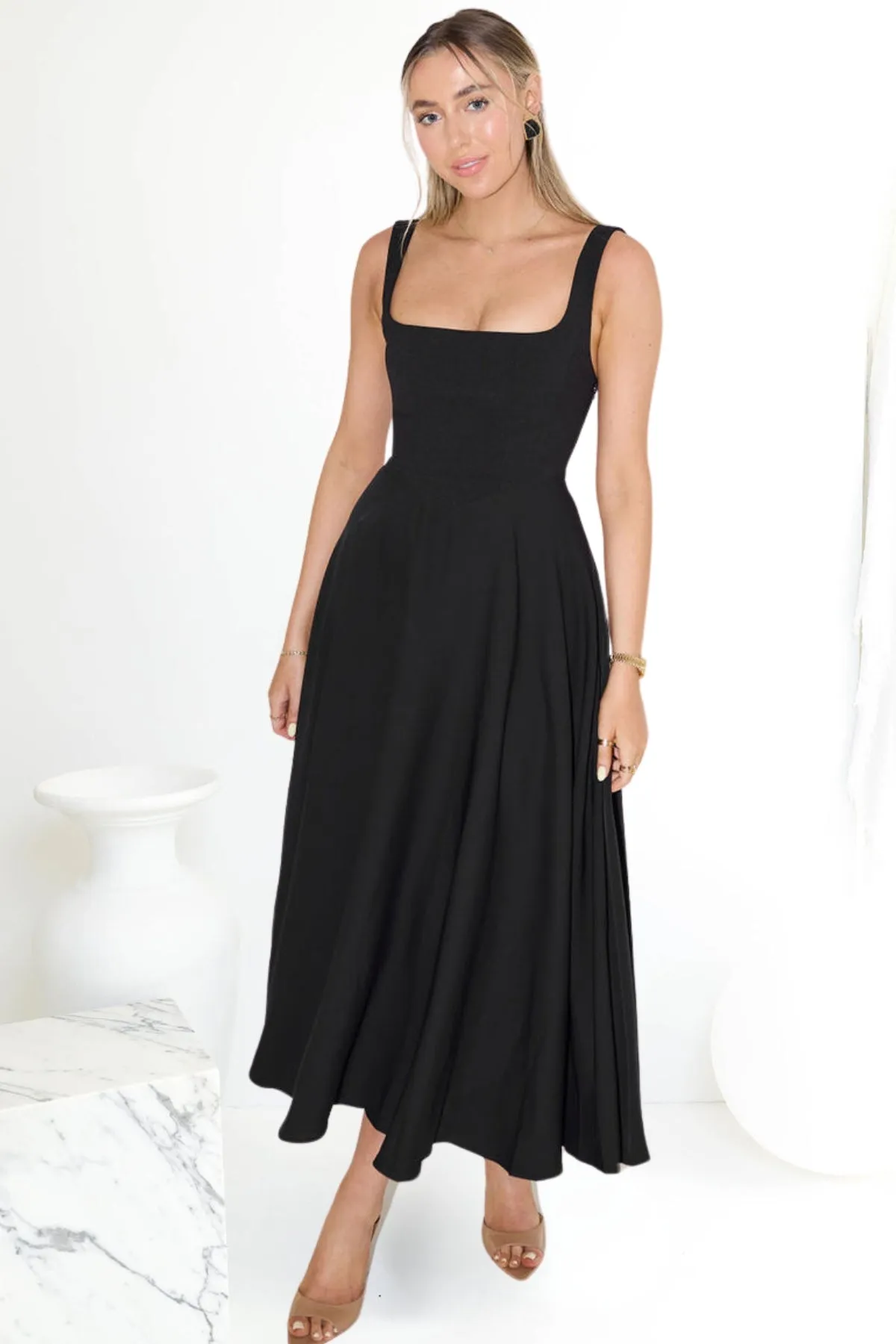 Odd Muse Ultimate High Waist Square Neck Midi Dress Black.