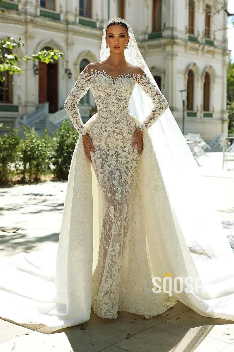 Off-Shoulder Applique Long Sleeves Wedding Dress Court Train Bridal Gowns Online