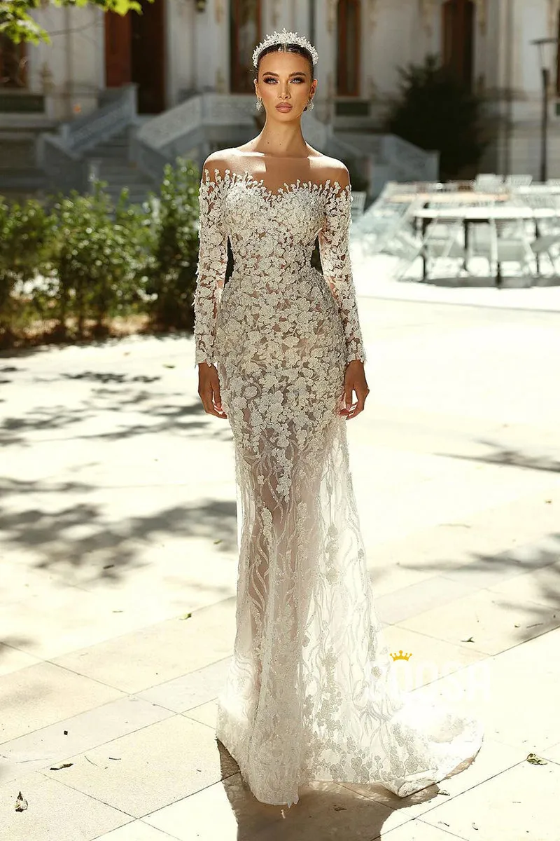 Off-Shoulder Applique Long Sleeves Wedding Dress Court Train Bridal Gowns Online