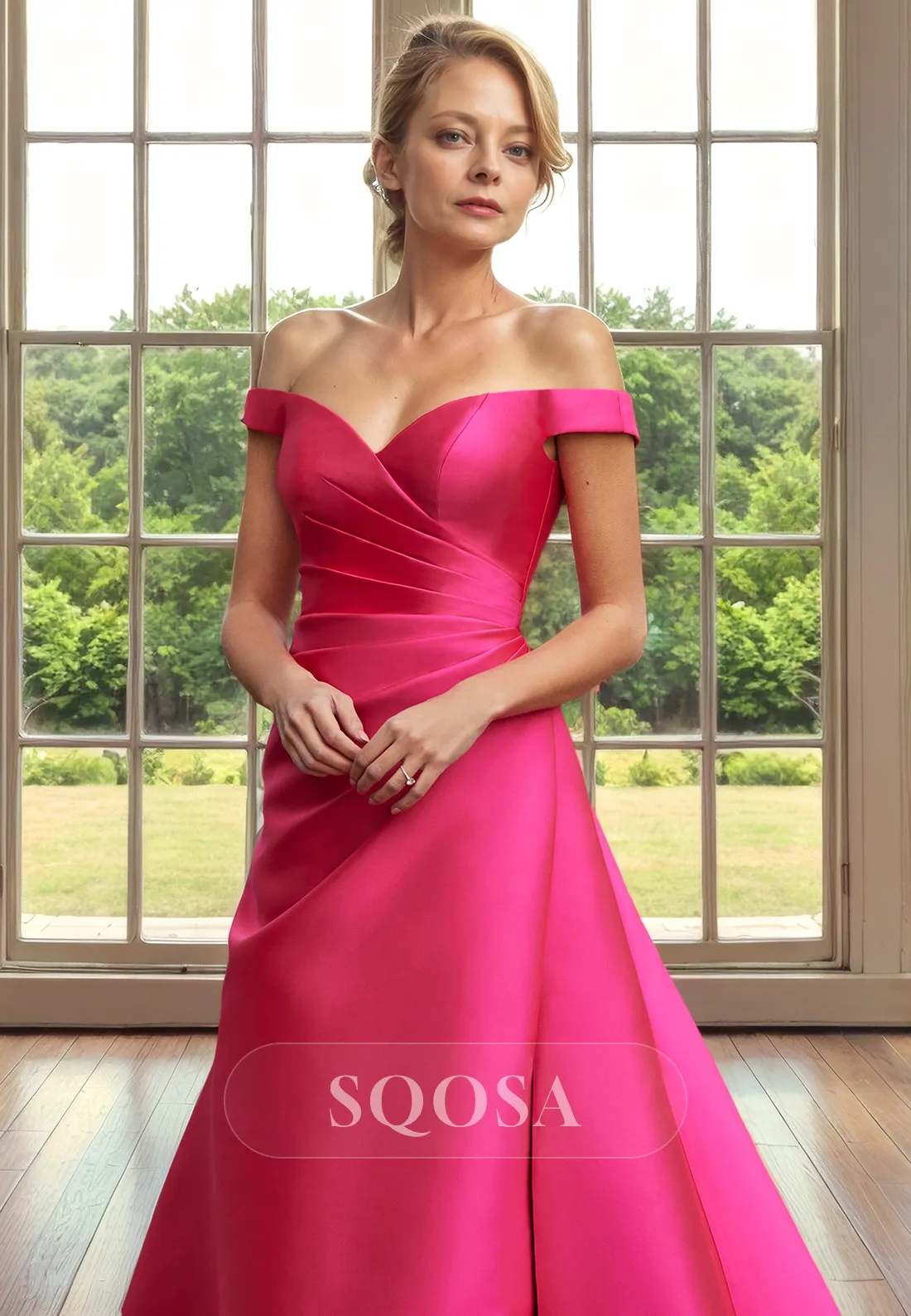 Off Shoulder Satin Pleated Cocktail Dress for Wedding - Long Mother of the Bride Dress