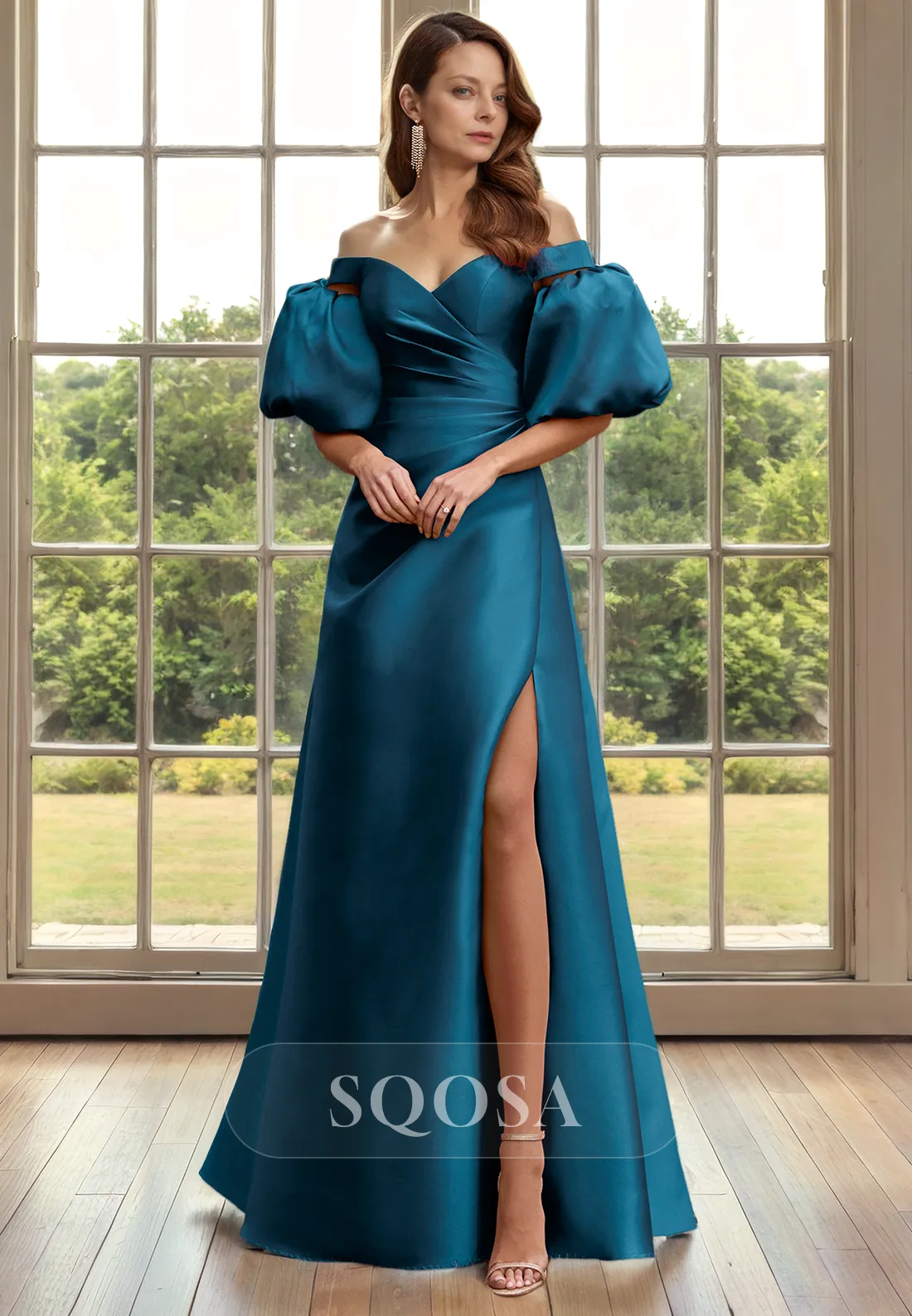 Off Shoulder Satin Pleated Cocktail Dress for Wedding - Long Mother of the Bride Dress