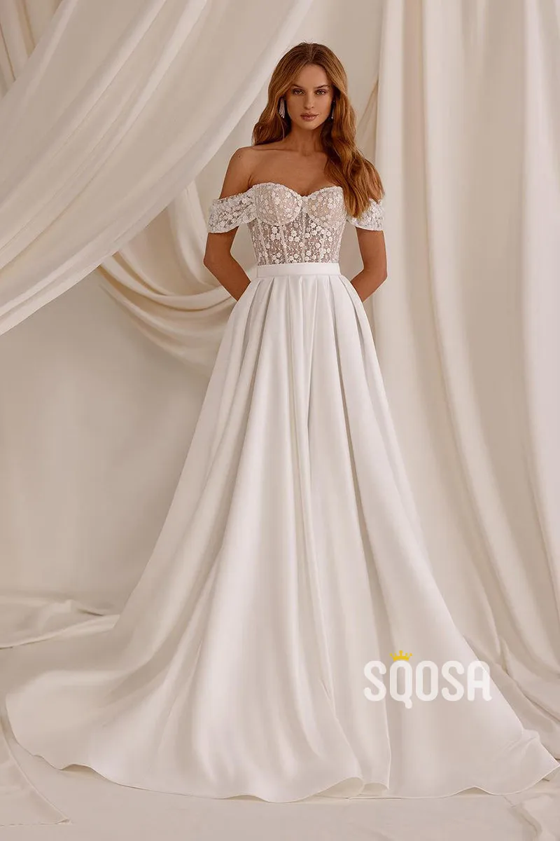 Off-Shoulder Satin Wedding Dress with Train - QW8060