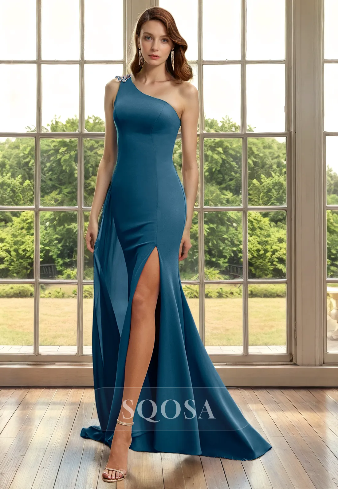 One Shoulder Beaded Mother of the Bride Dress - Long Cocktail Dress