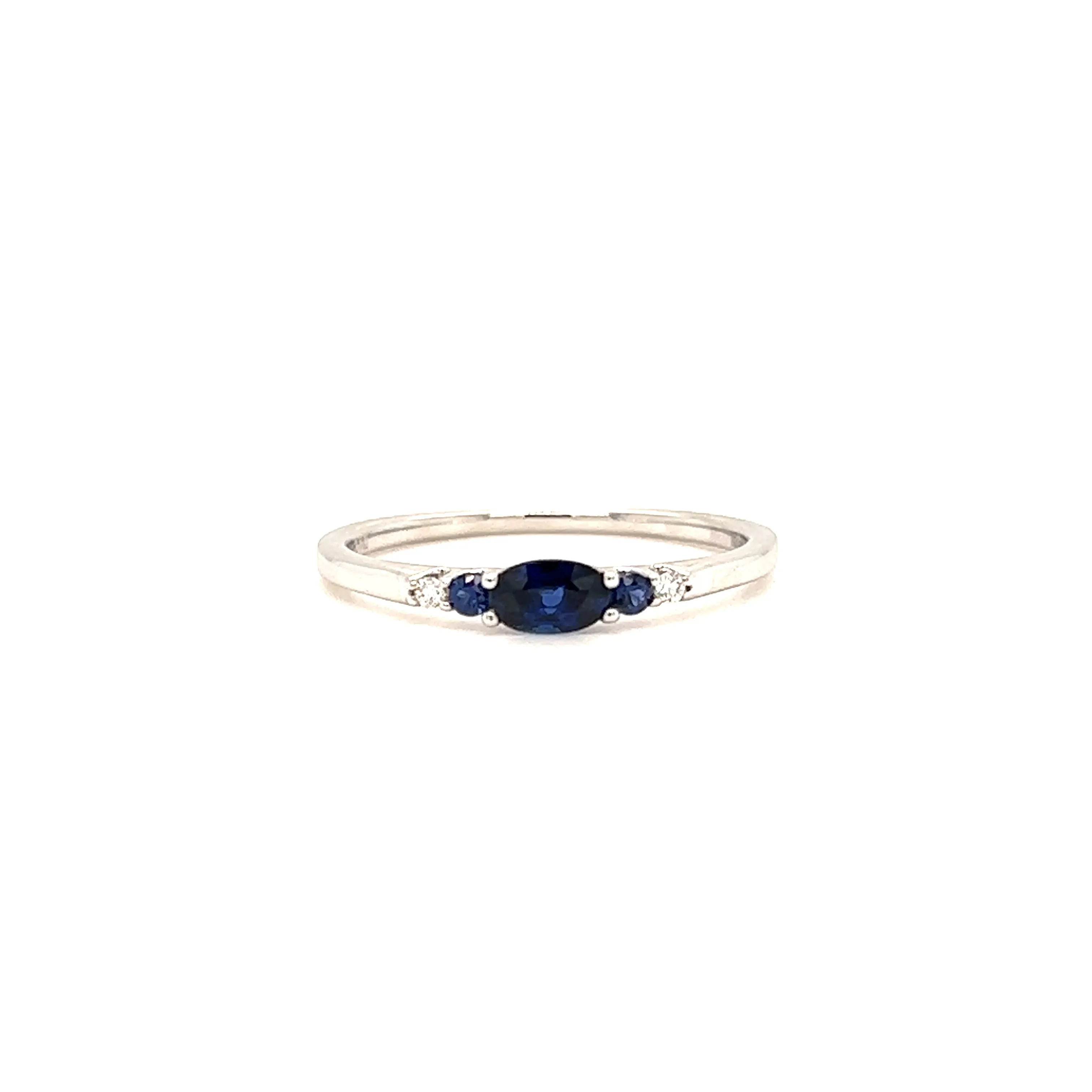 Oval Sapphire Ring - Two Side Sapphires, Diamonds - 14K White Gold