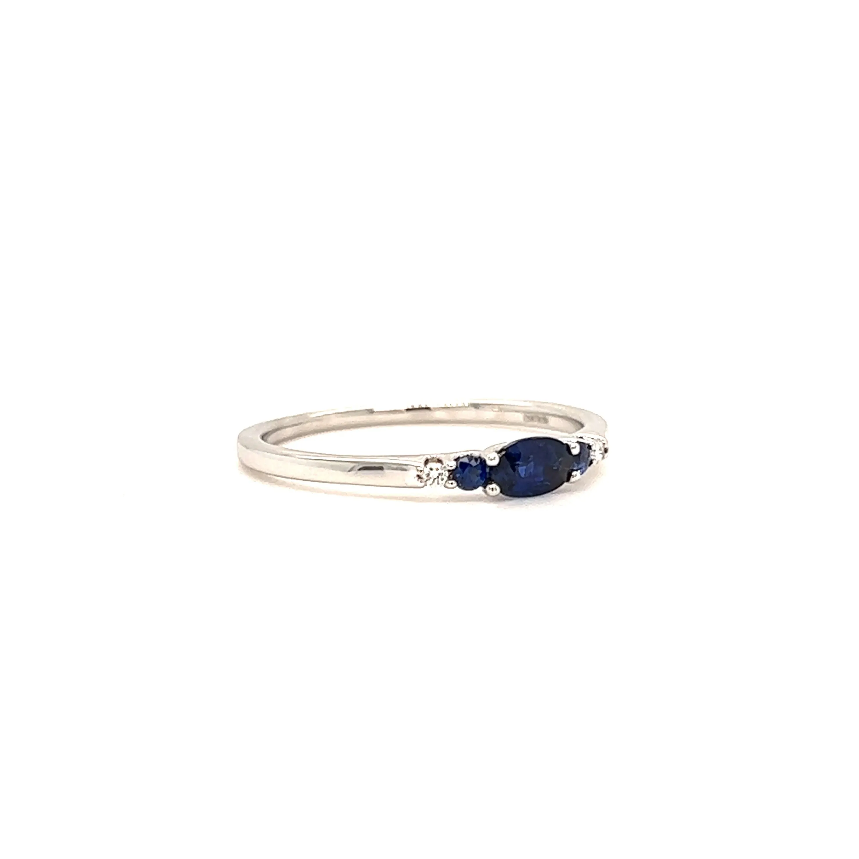 Oval Sapphire Ring - Two Side Sapphires, Diamonds - 14K White Gold