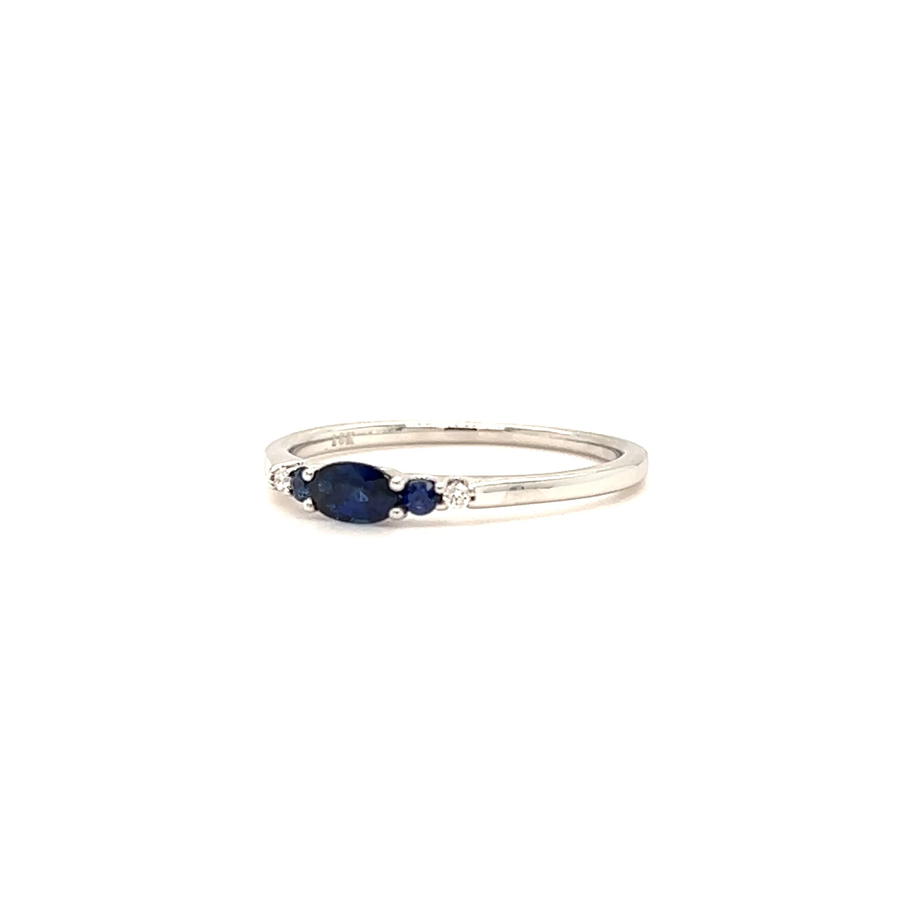 Oval Sapphire Ring - Two Side Sapphires, Diamonds - 14K White Gold