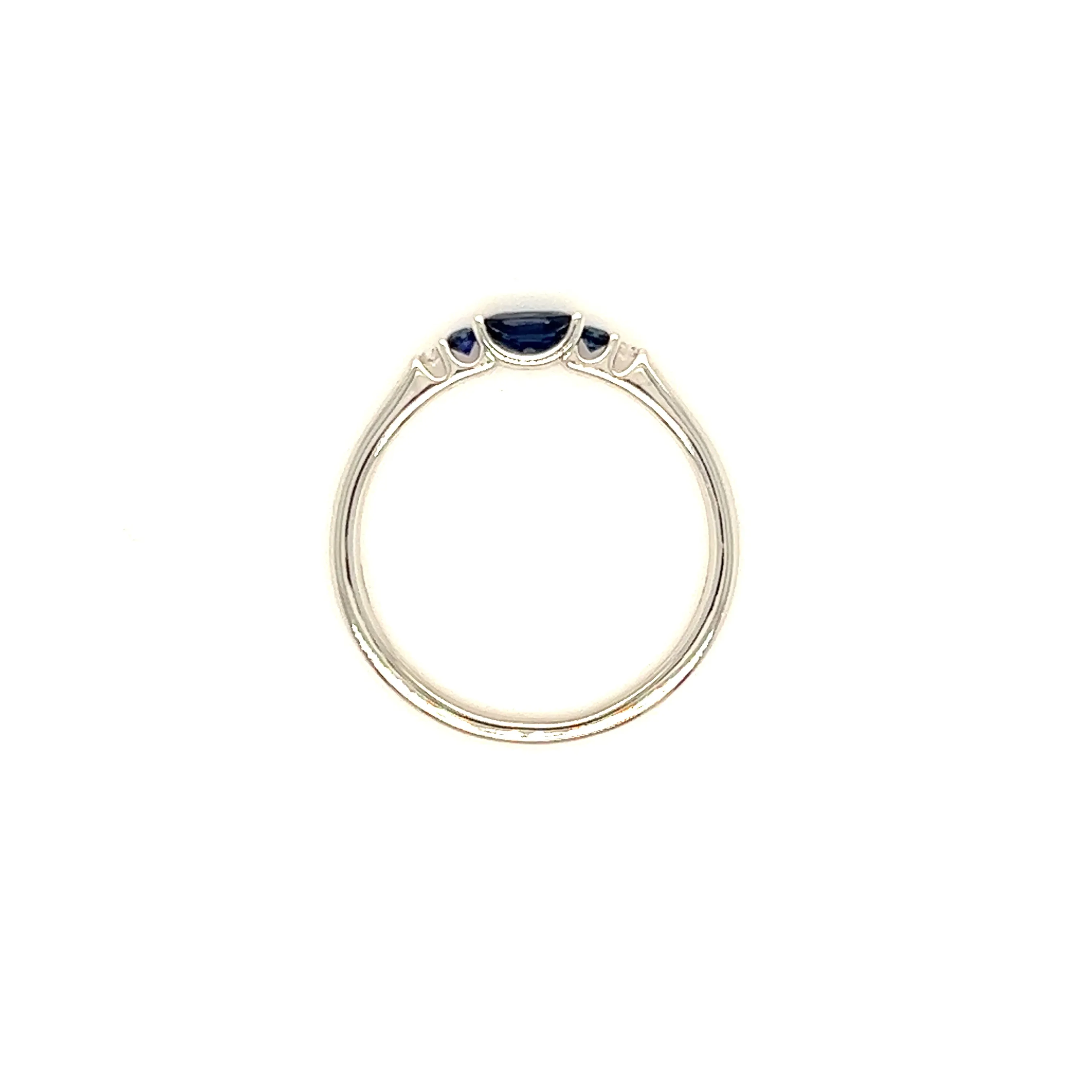 Oval Sapphire Ring - Two Side Sapphires, Diamonds - 14K White Gold