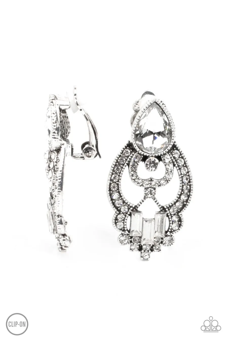 Paparazzi Glamour Gauntlet Earrings - White - Clip On