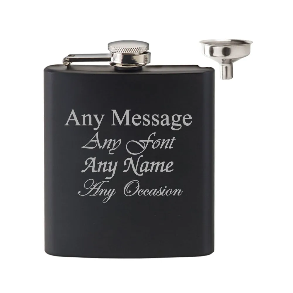 Personalized Engraved Black Hip Flask - 6oz Capacity - Includes Funnel - Custom Message - Ideal for All Events