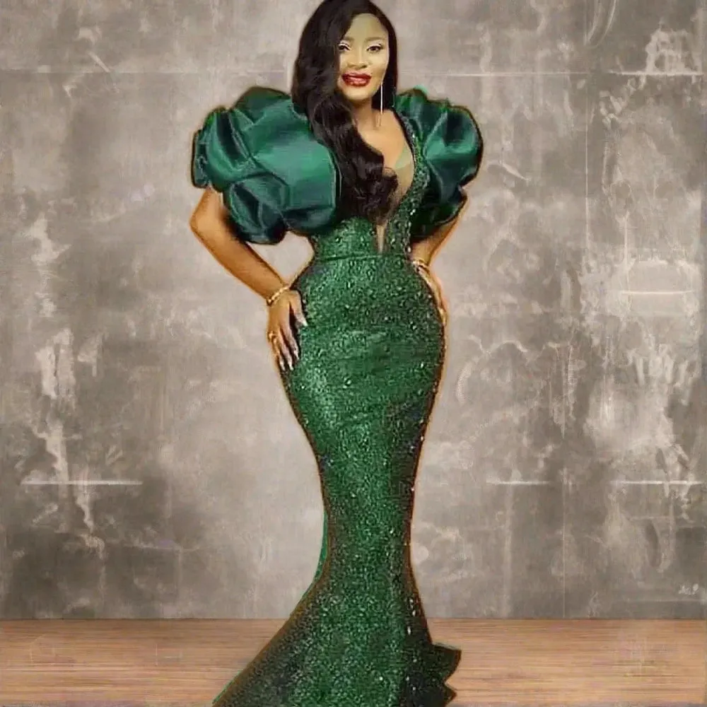 Plus Size Hunter Green Mermaid Evening Dress With Puff Sleeves, Bead Sequin Embellishments - Prom Dresses