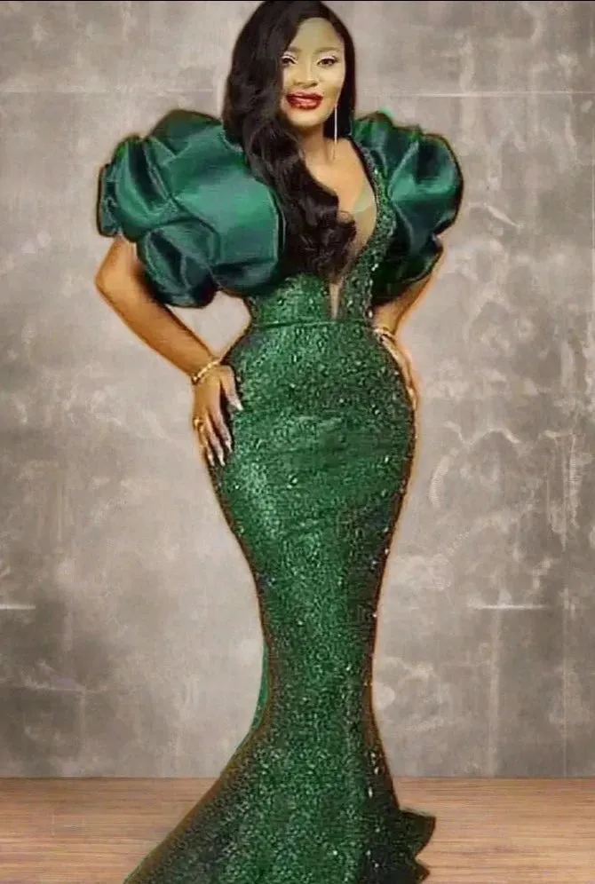 Plus Size Hunter Green Mermaid Evening Dress With Puff Sleeves, Bead Sequin Embellishments - Prom Dresses