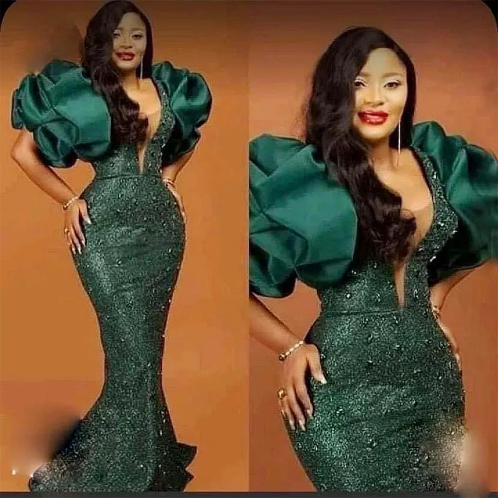 Plus Size Hunter Green Mermaid Evening Dress With Puff Sleeves, Bead Sequin Embellishments - Prom Dresses