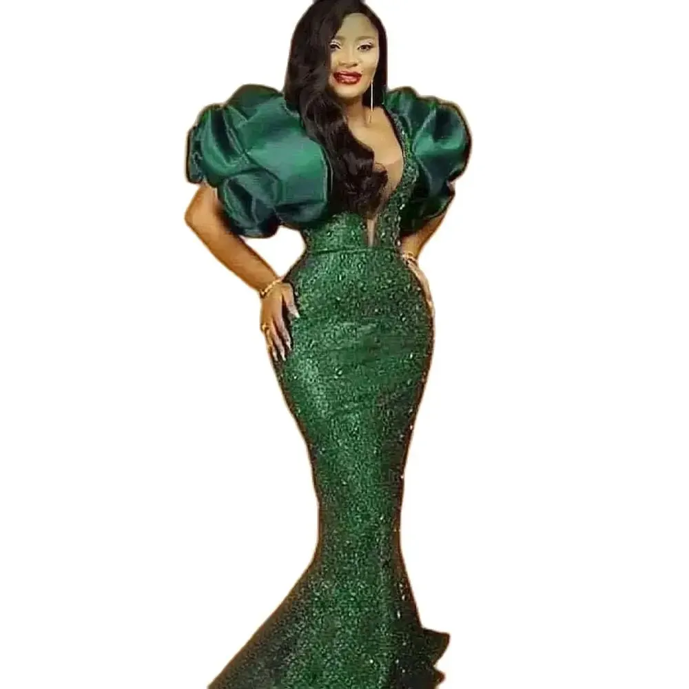 Plus Size Hunter Green Mermaid Evening Dress With Puff Sleeves, Bead Sequin Embellishments - Prom Dresses