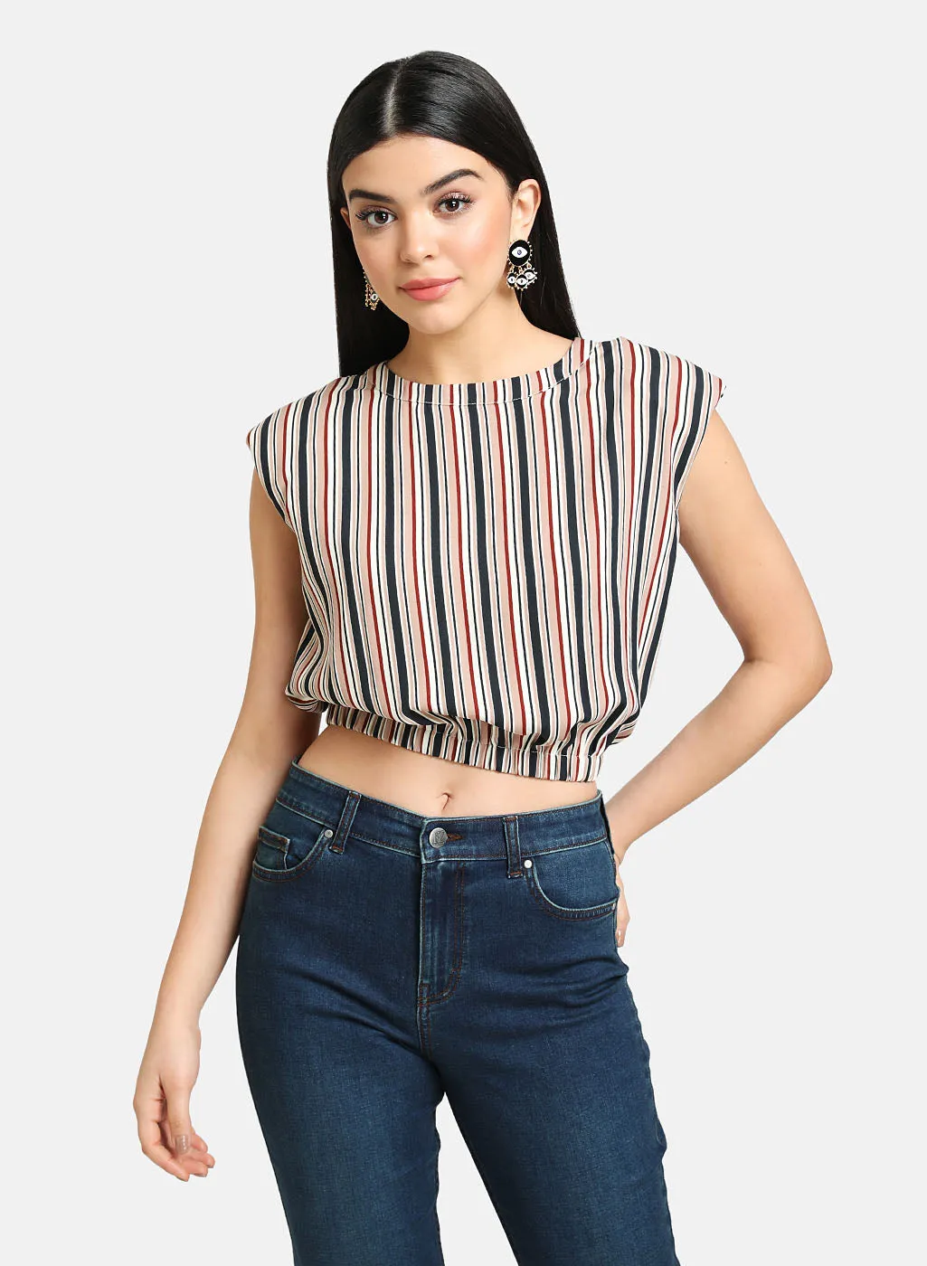 Printed Stripe Top With Shoulder Pads - Buy Now.