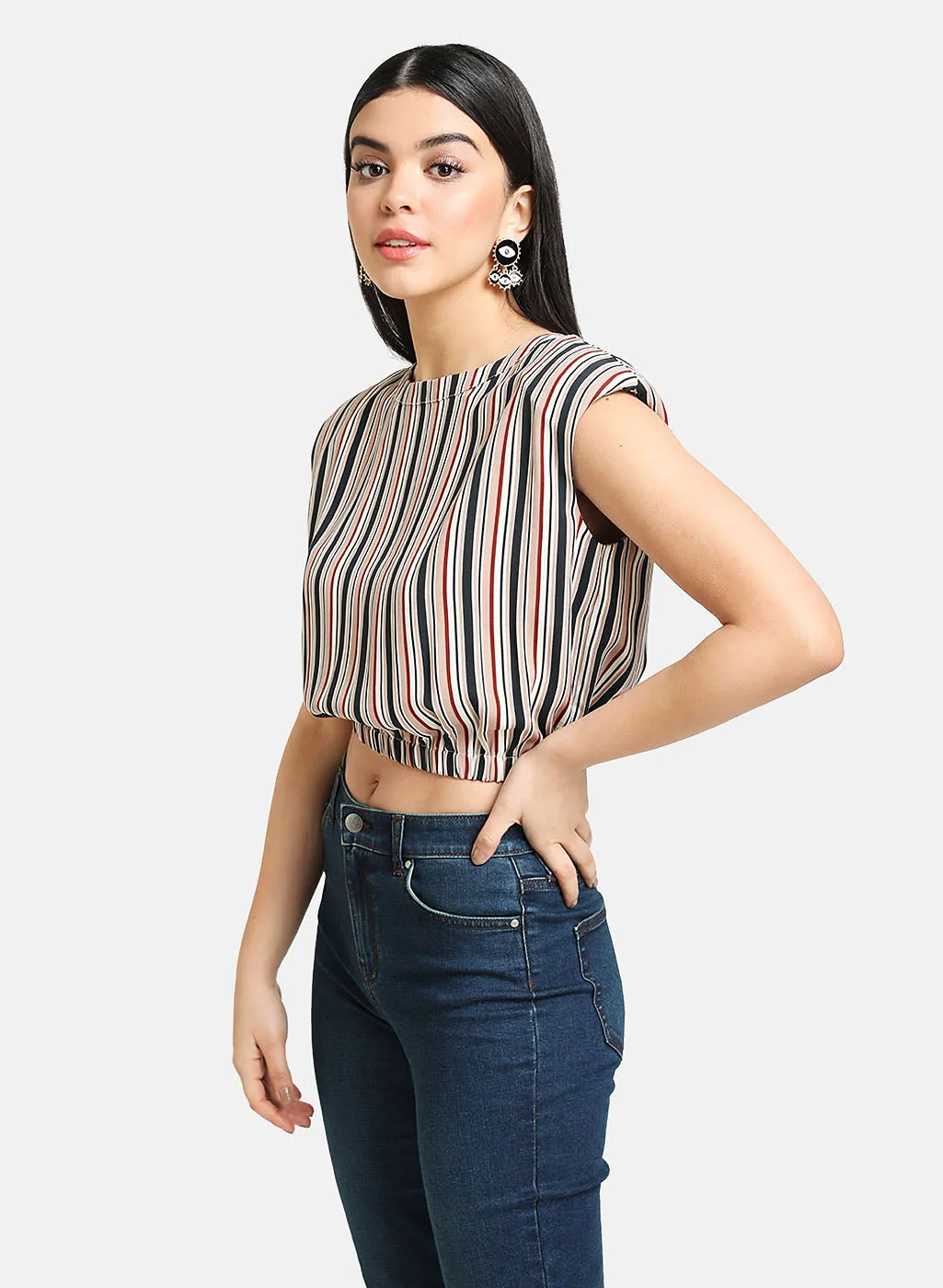 Printed Stripe Top With Shoulder Pads - Buy Now.