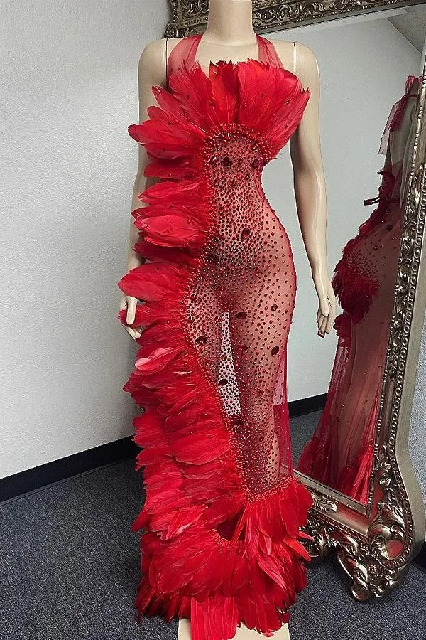 Red Diamante Feather Dress