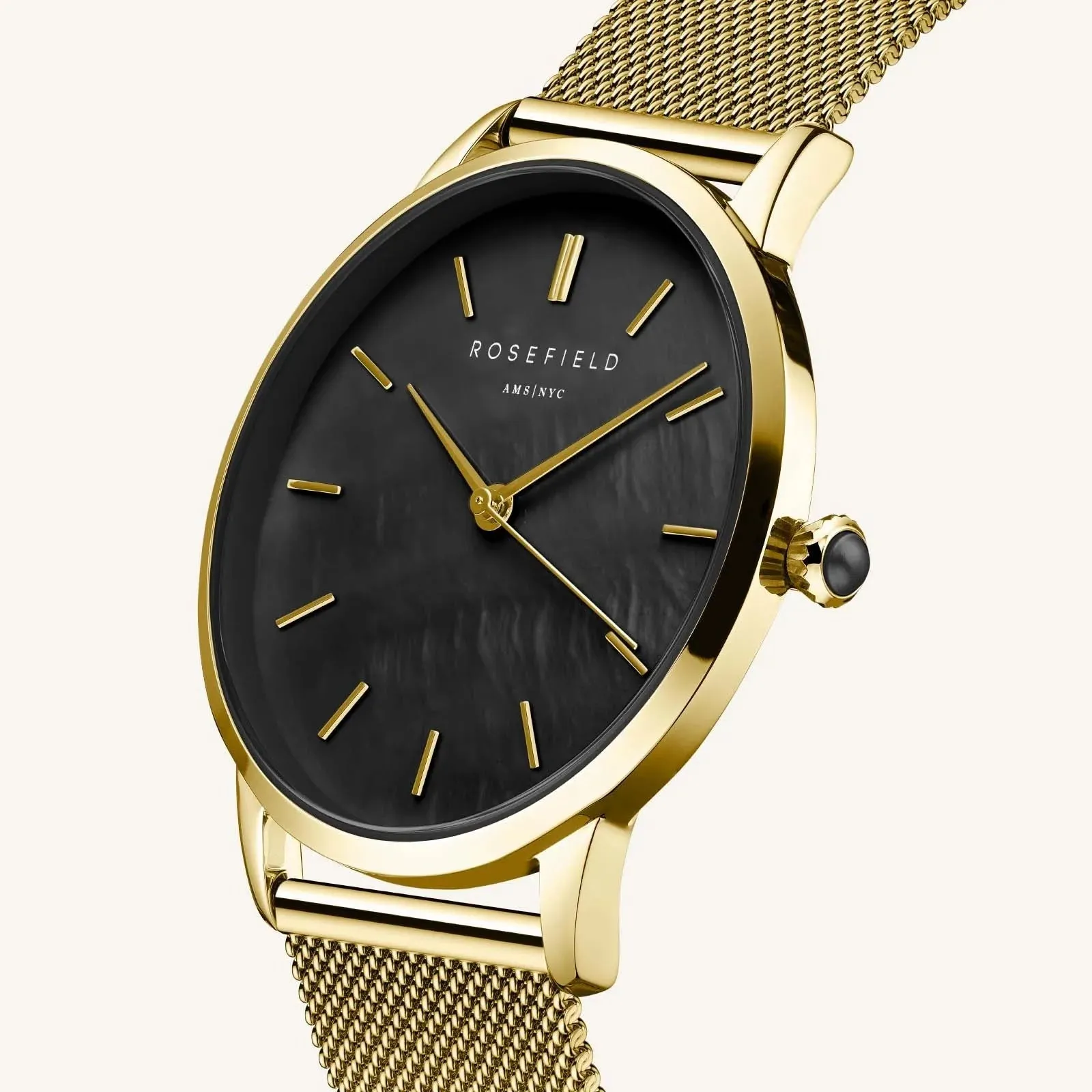 Rosefield Pearl Edit Mesh Black Gold Watch