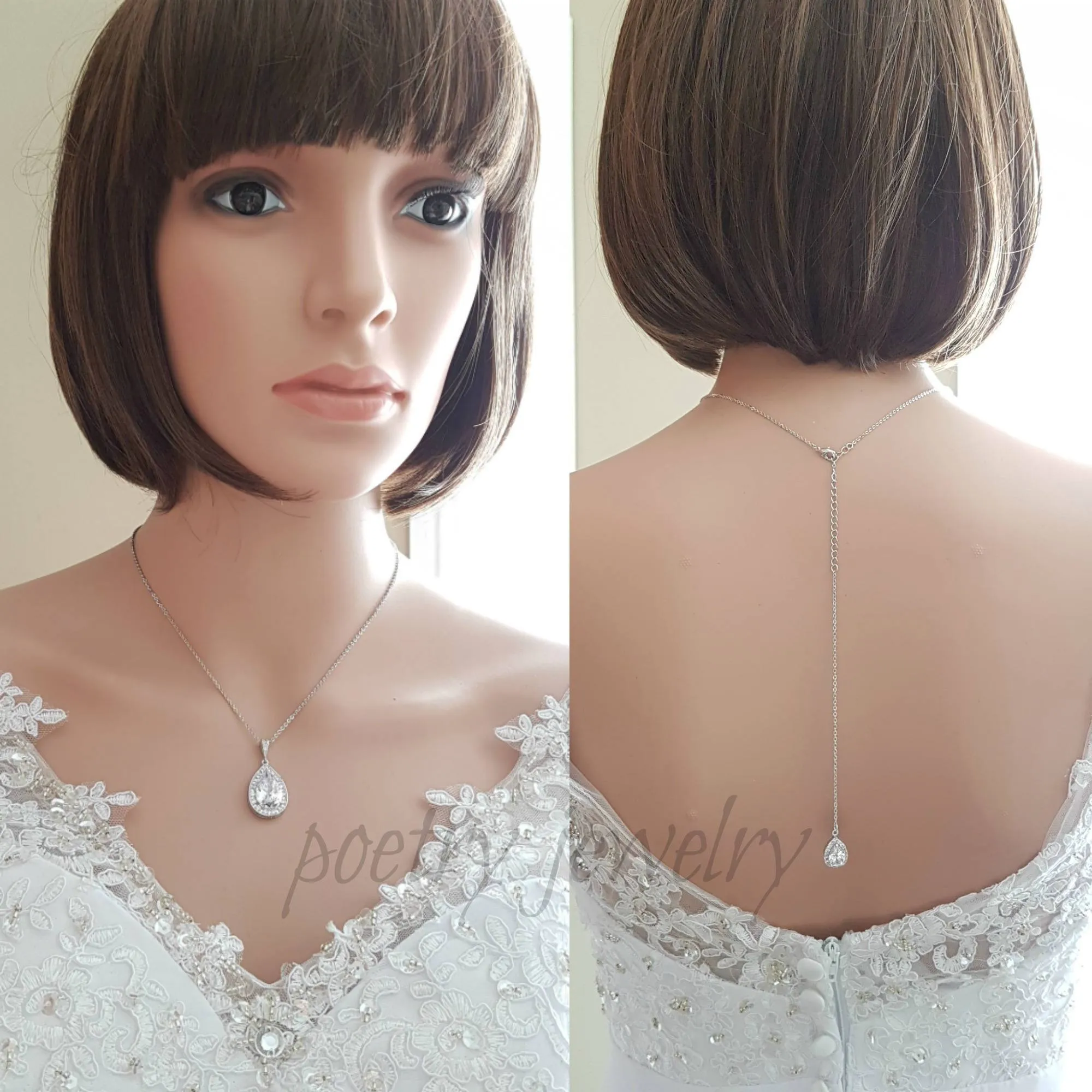 Simple Wedding Teardrop Back Necklace - Evelyn