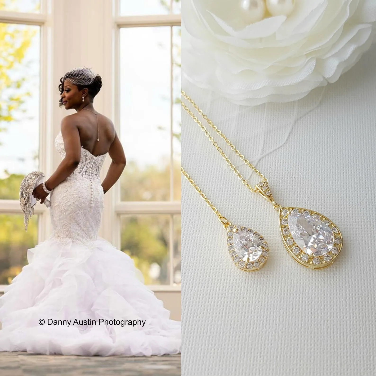 Simple Wedding Teardrop Back Necklace - Evelyn