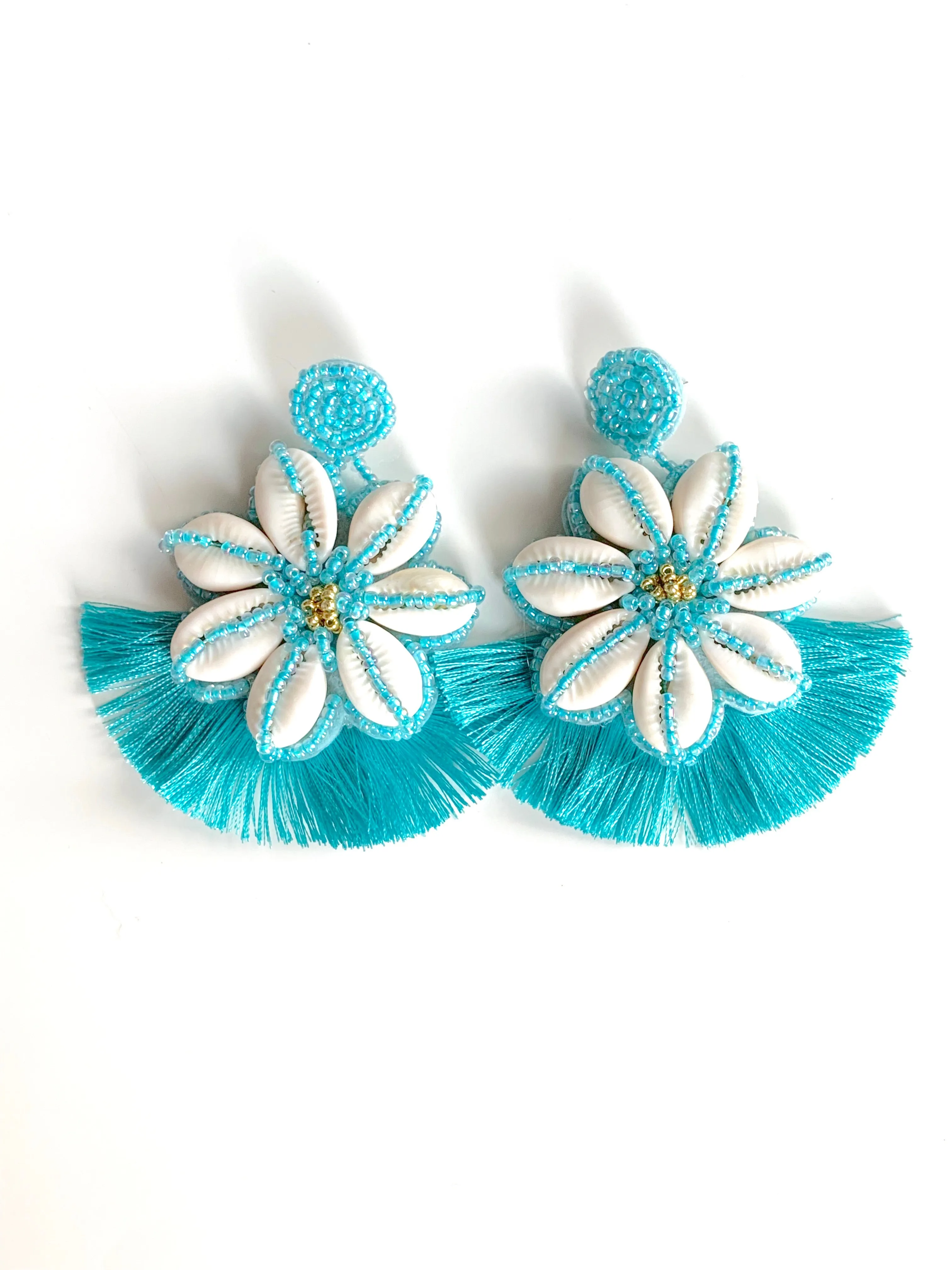 Statement Earrings with Turquoise Fringe and Beaded Cowry Shell