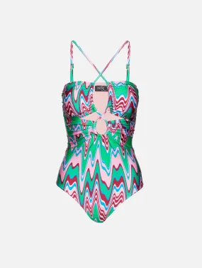 Stylish Wave Print Lace-Up Bathing Suit