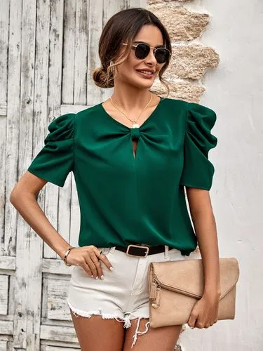 Summer European And American Leisure Cross-border Women's Clothing  2023 New Solid Color Puff Sleeve V-neck Slim Top For Wom