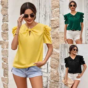 Summer European And American Leisure Cross-border Women's Clothing  2023 New Solid Color Puff Sleeve V-neck Slim Top For Wom