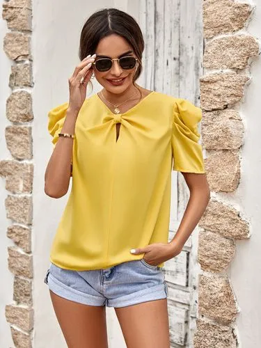 Summer European And American Leisure Cross-border Women's Clothing  2023 New Solid Color Puff Sleeve V-neck Slim Top For Wom