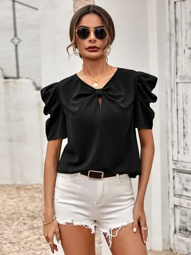 Summer European And American Leisure Cross-border Women's Clothing  2023 New Solid Color Puff Sleeve V-neck Slim Top For Wom