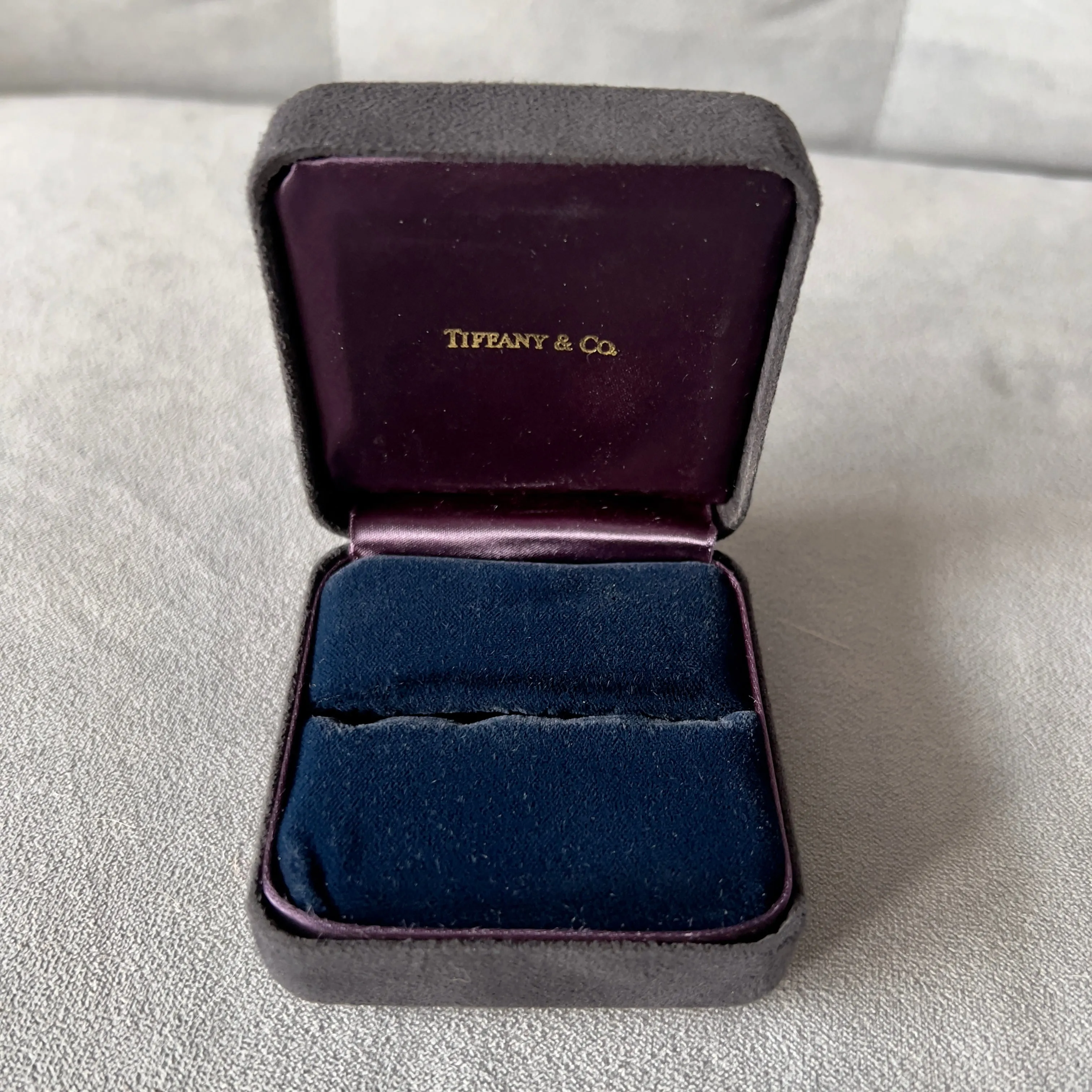 Tiffany and Co. ring cufflinks earrings box, dimensions 2.75x2.75x1.5 inches.