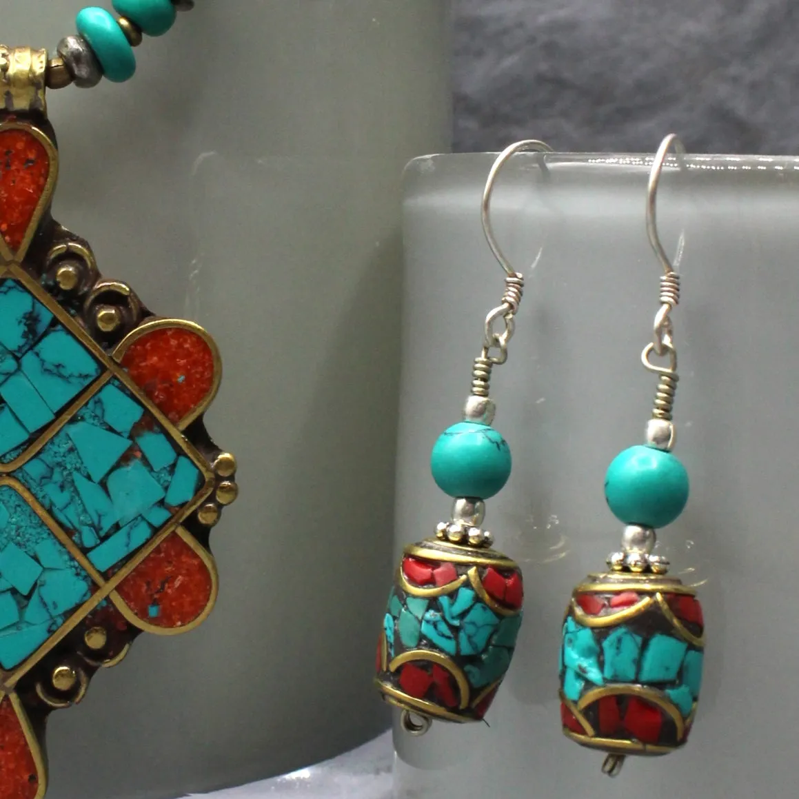 Turquoise and Coral Barrel Earrings with Turquoise Bead - Shop Now!