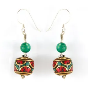 Turquoise and Coral Barrel Earrings with Turquoise Bead - Shop Now!