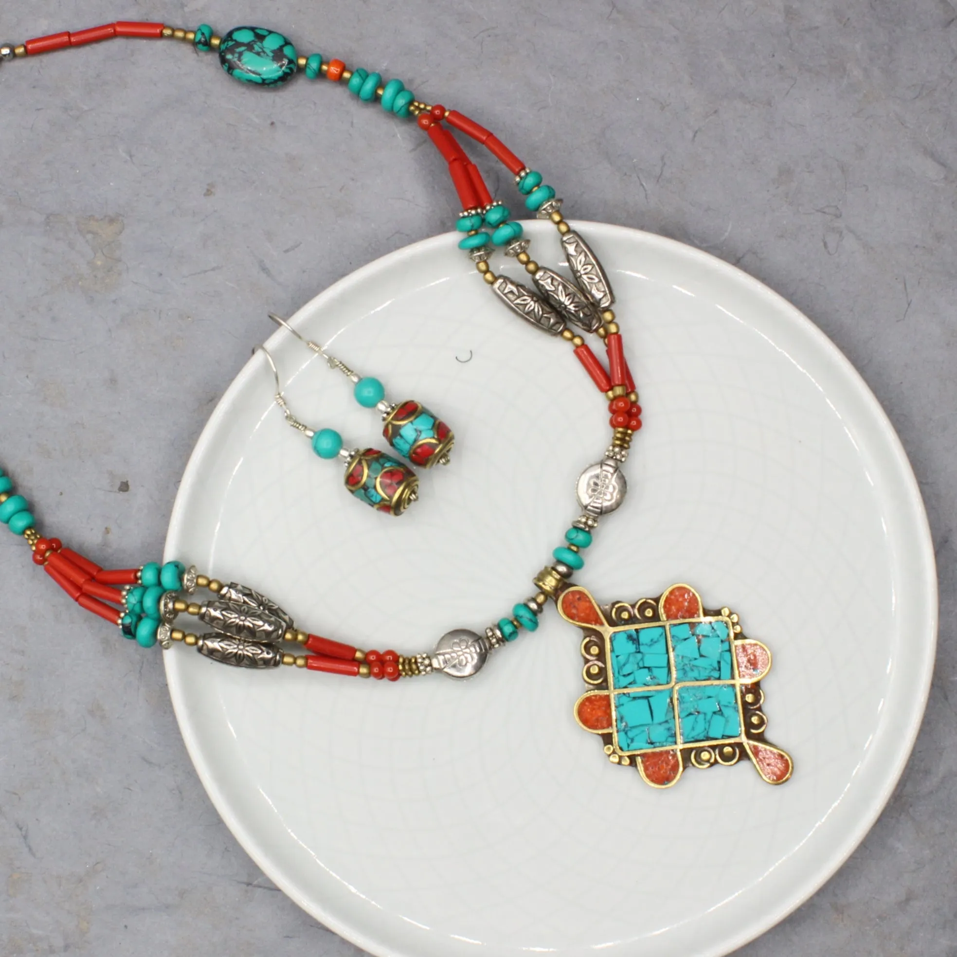 Turquoise and Coral Barrel Earrings with Turquoise Bead - Shop Now!