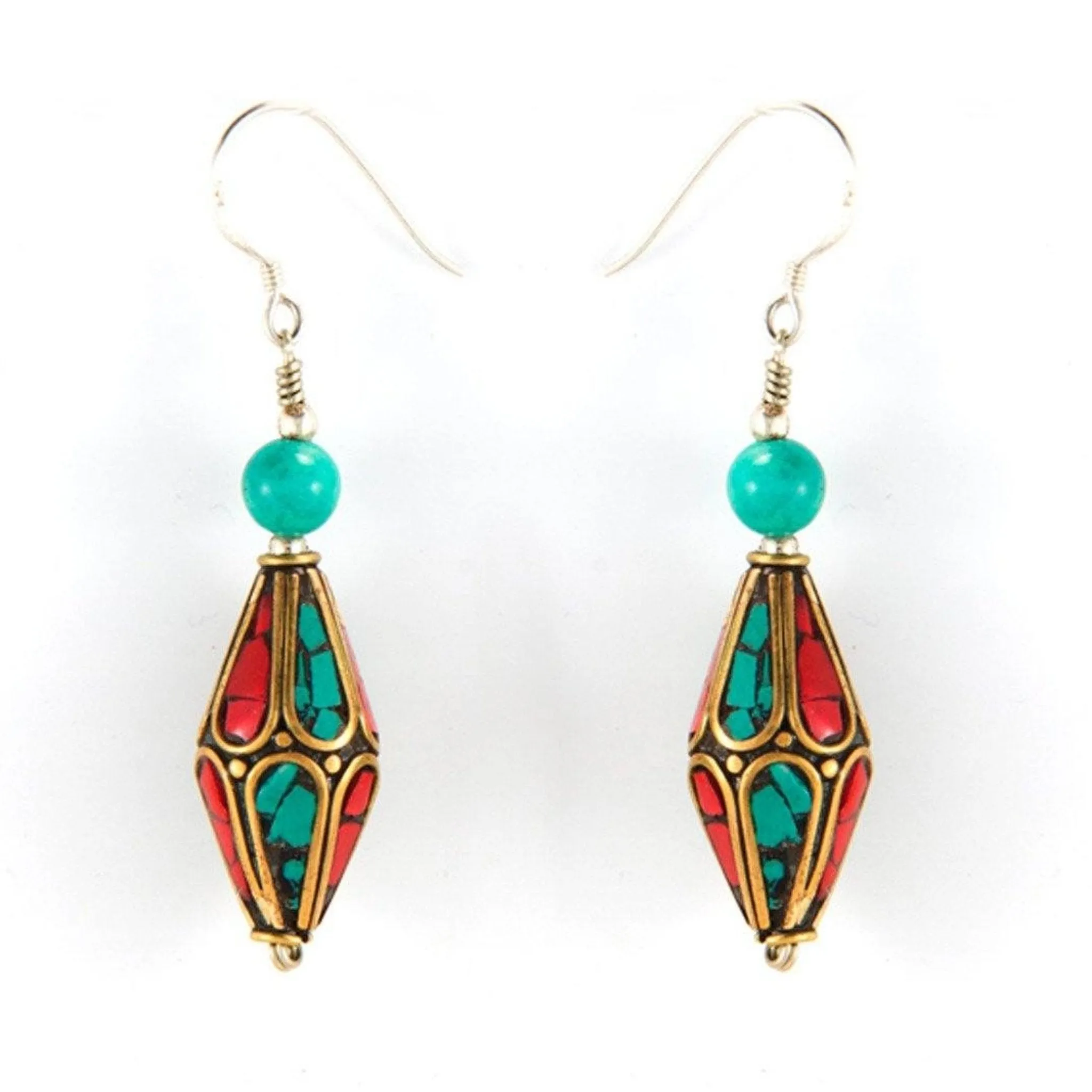 Turquoise and Coral Tibetan Earrings