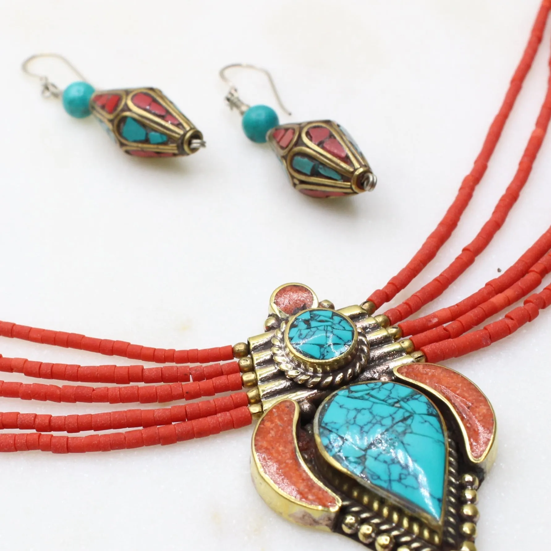 Turquoise and Coral Tibetan Earrings