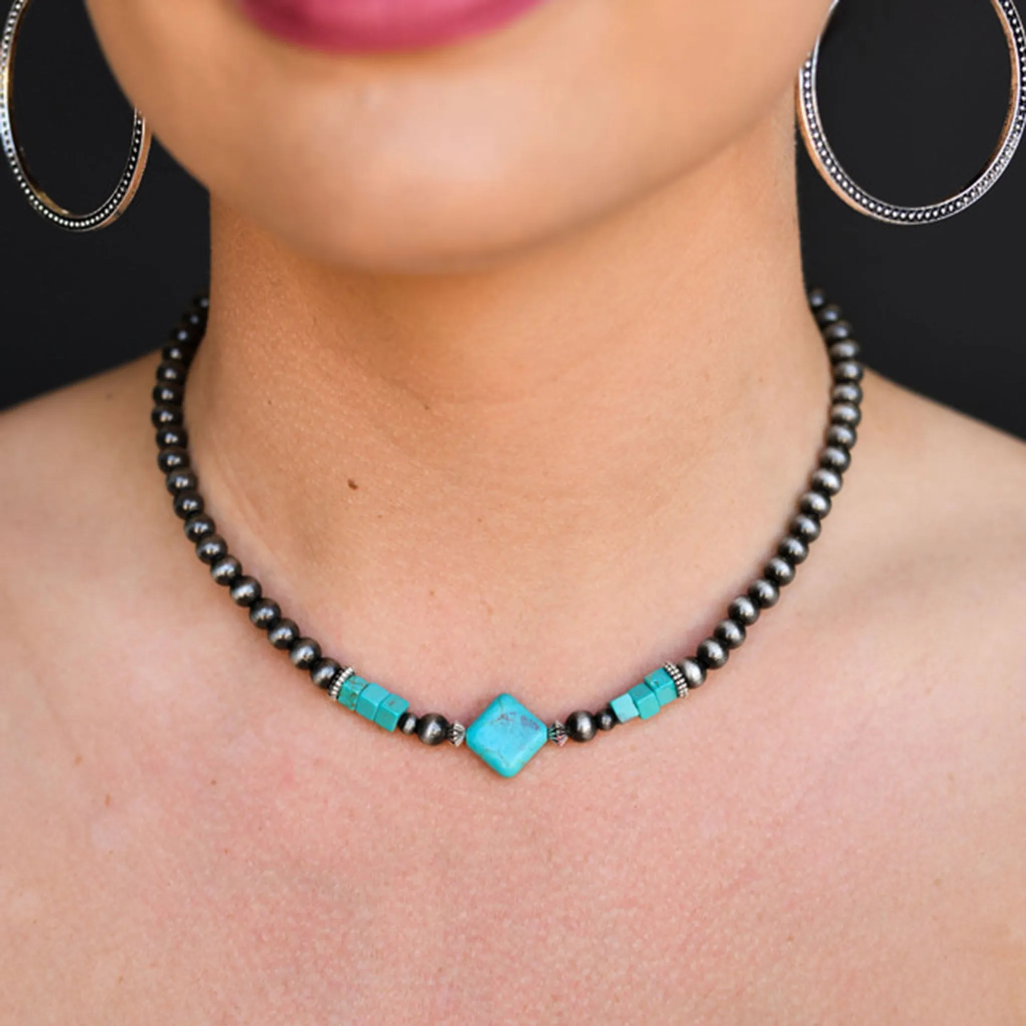 Turquoise Diamond Accent Necklace with Faux Navajo Pearl