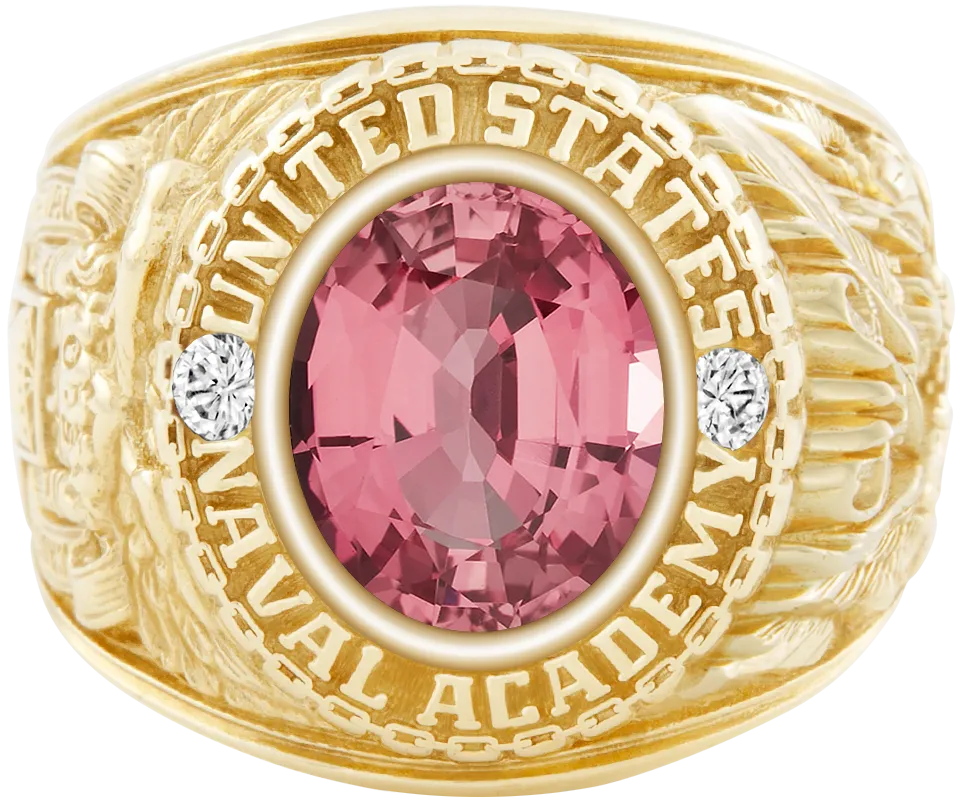 USNA Class Ring with Pink Sapphire Centerpiece and Diamond Dividers