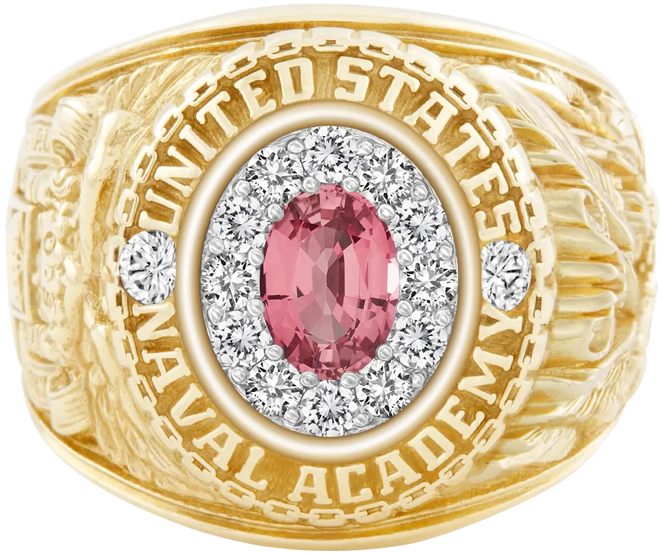 USNA Class Ring with Pink Sapphire Centerpiece and Diamond Dividers