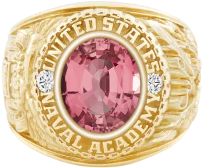 USNA Class Ring with Pink Sapphire Centerpiece and Diamond Dividers