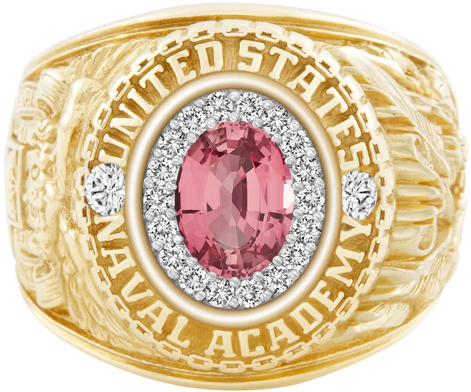 USNA Class Ring with Pink Sapphire Centerpiece and Diamond Dividers